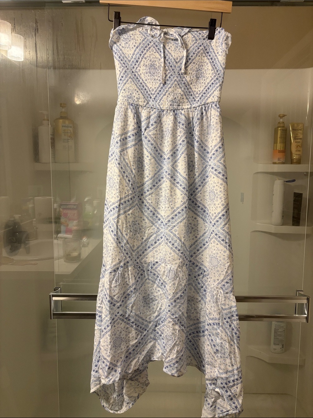 Hollister White and Light Blue Strapless Smocked Maxi Dress